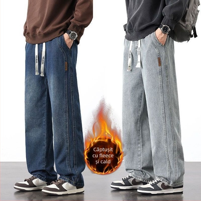 Blugi denim pentru bărbați cu căptușeală de fleece, croială lejeră, drept, talie medie, închidere cu șnur, 85% bumbac