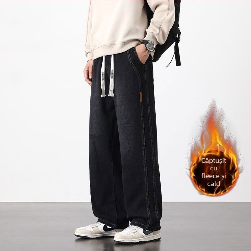 Blugi denim pentru bărbați cu căptușeală de fleece, croială lejeră, drept, talie medie, închidere cu șnur, 85% bumbac