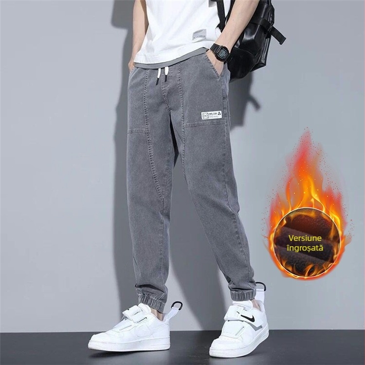 Jeans bărbați stil coreean, croială lejeră, talie medie, închidere cu șnur, denim din bumbac, detaliu etichetă