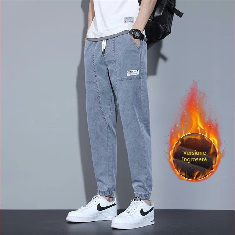 Jeans bărbați stil coreean, croială lejeră, talie medie, închidere cu șnur, denim din bumbac, detaliu etichetă