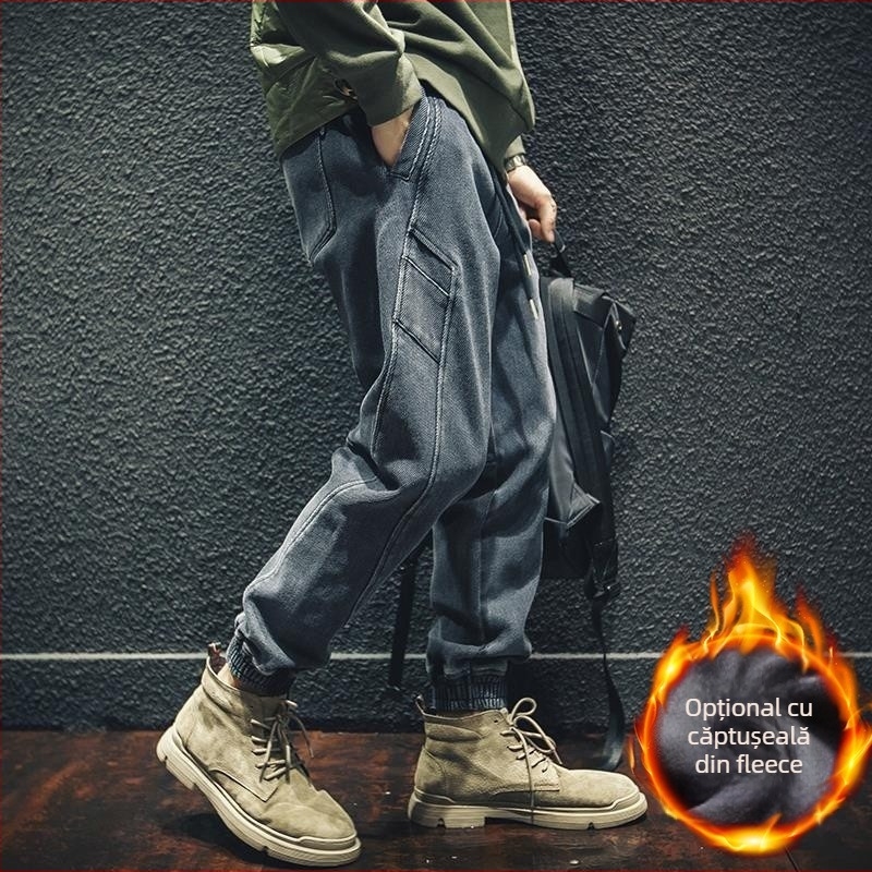 Jeans croiți larg, talie medie, bumbac, stil coreean de bază