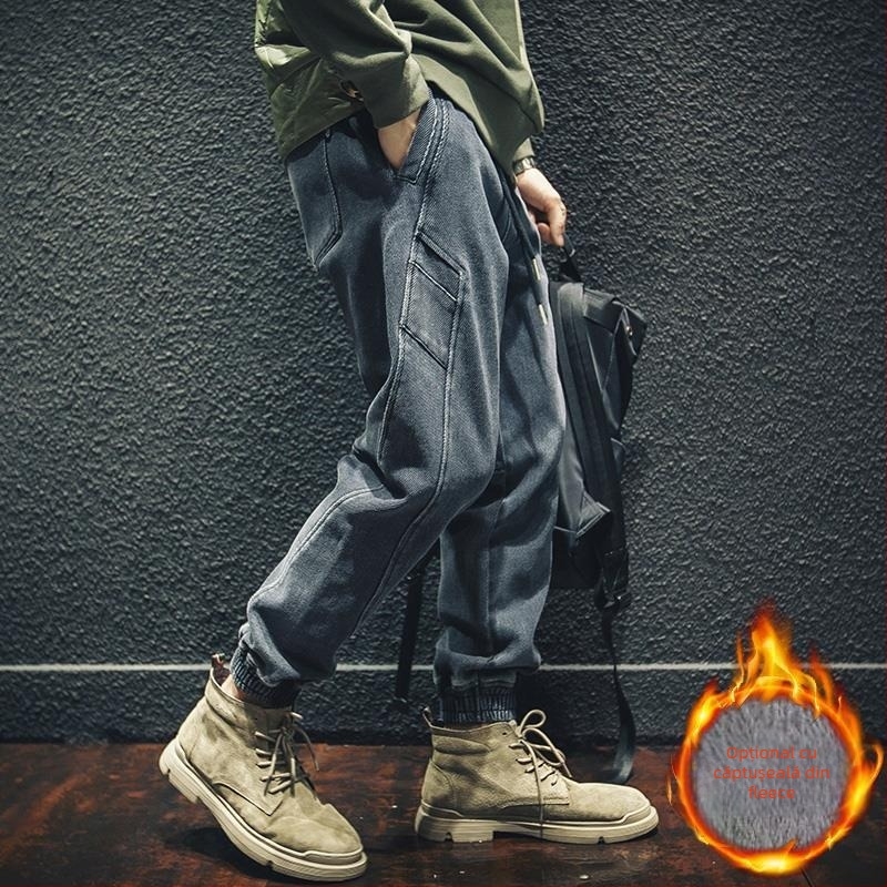 Jeans croiți larg, talie medie, bumbac, stil coreean de bază