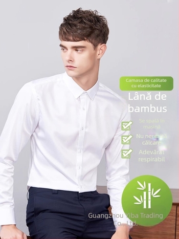 Cămașă pentru bărbați din fibră de bambus, respirabilă, anti-pliere, mâneci lungi, guler pătrat, uni (66% poliester, țesătură cu 80 fire)