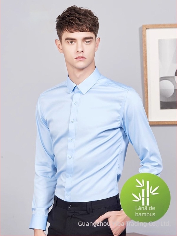 Cămașă pentru bărbați din fibră de bambus, respirabilă, anti-pliere, mâneci lungi, guler pătrat, uni (66% poliester, țesătură cu 80 fire)