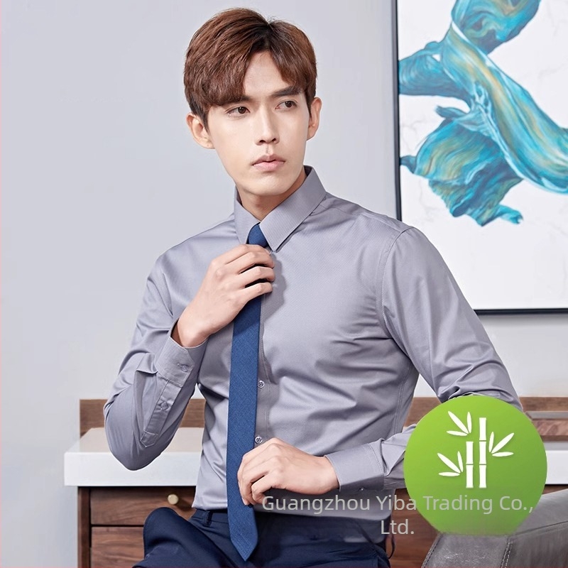 Cămașă pentru bărbați din fibră de bambus, respirabilă, anti-pliere, mâneci lungi, guler pătrat, uni (66% poliester, țesătură cu 80 fire)