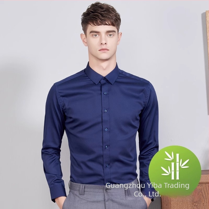 Cămașă pentru bărbați din fibră de bambus, respirabilă, anti-pliere, mâneci lungi, guler pătrat, uni (66% poliester, țesătură cu 80 fire)