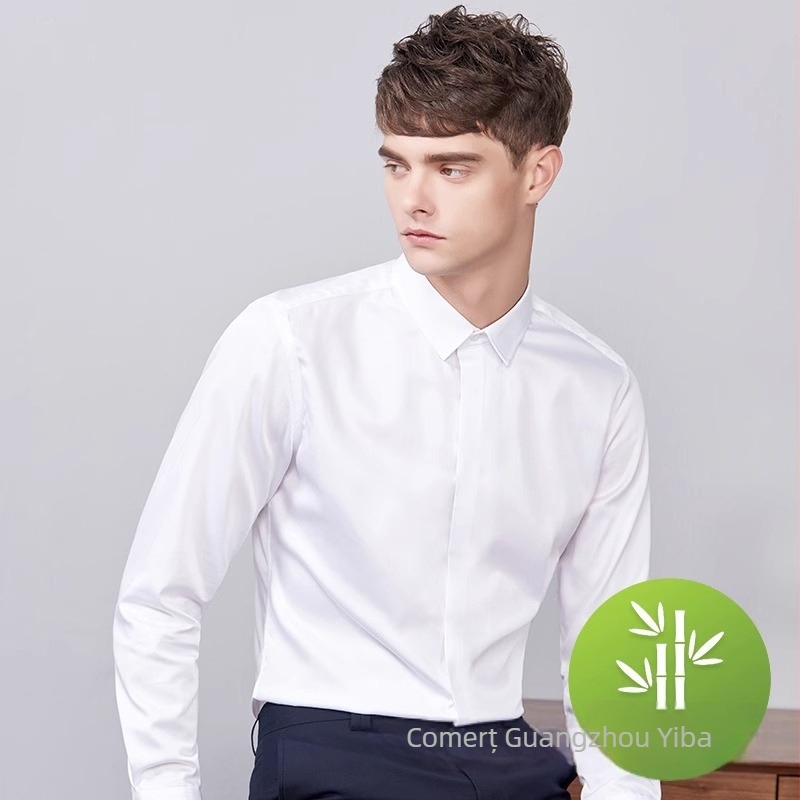 Cămașă pentru bărbați din fibră de bambus, respirabilă, anti-pliere, mâneci lungi, guler pătrat, uni (66% poliester, țesătură cu 80 fire)