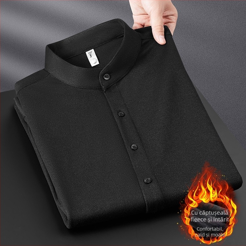 Cămașă de bărbați, croială slim, guler înalt, mâneci lungi, amestec viscose/poliester/spandex, fără călcare