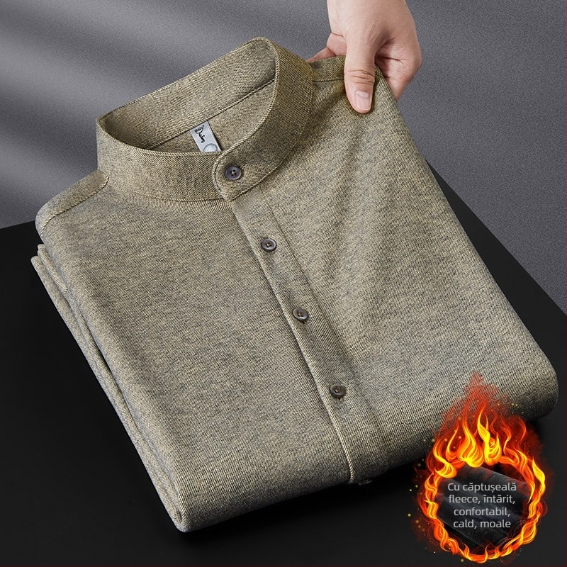 Cămașă de bărbați, croială slim, guler înalt, mâneci lungi, amestec viscose/poliester/spandex, fără călcare