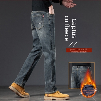 Jeans bărbați - croială dreaptă, căptuți cu fleece, micro-elastici, talie medie, stone-washed
