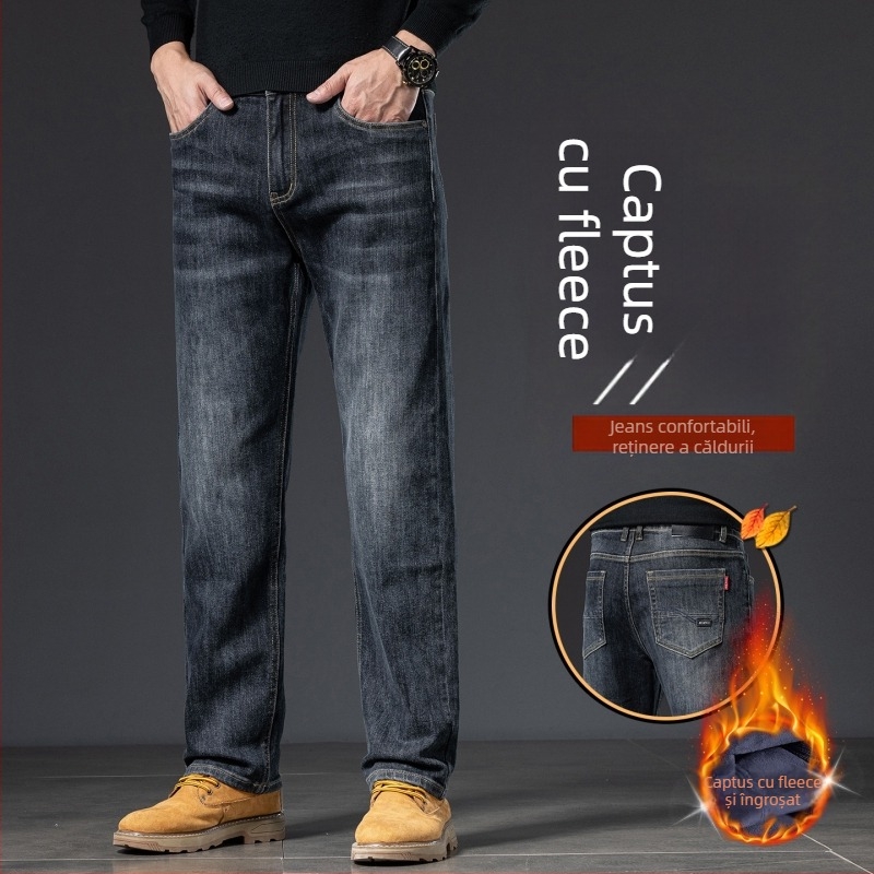 Jeans bărbați - croială dreaptă, căptuți cu fleece, micro-elastici, talie medie, stone-washed