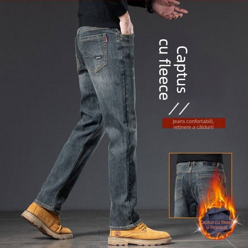 Jeans bărbați - croială dreaptă, căptuți cu fleece, micro-elastici, talie medie, stone-washed