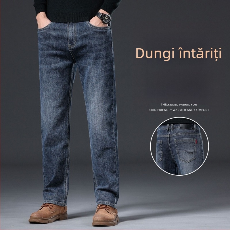 Jeans bărbați - croială dreaptă, căptuți cu fleece, micro-elastici, talie medie, stone-washed