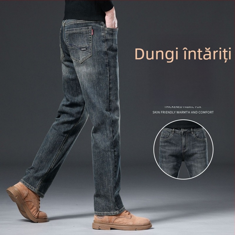Jeans bărbați - croială dreaptă, căptuți cu fleece, micro-elastici, talie medie, stone-washed