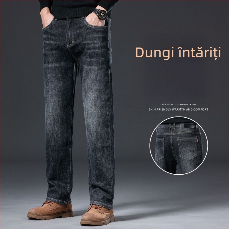 Jeans bărbați - croială dreaptă, căptuți cu fleece, micro-elastici, talie medie, stone-washed