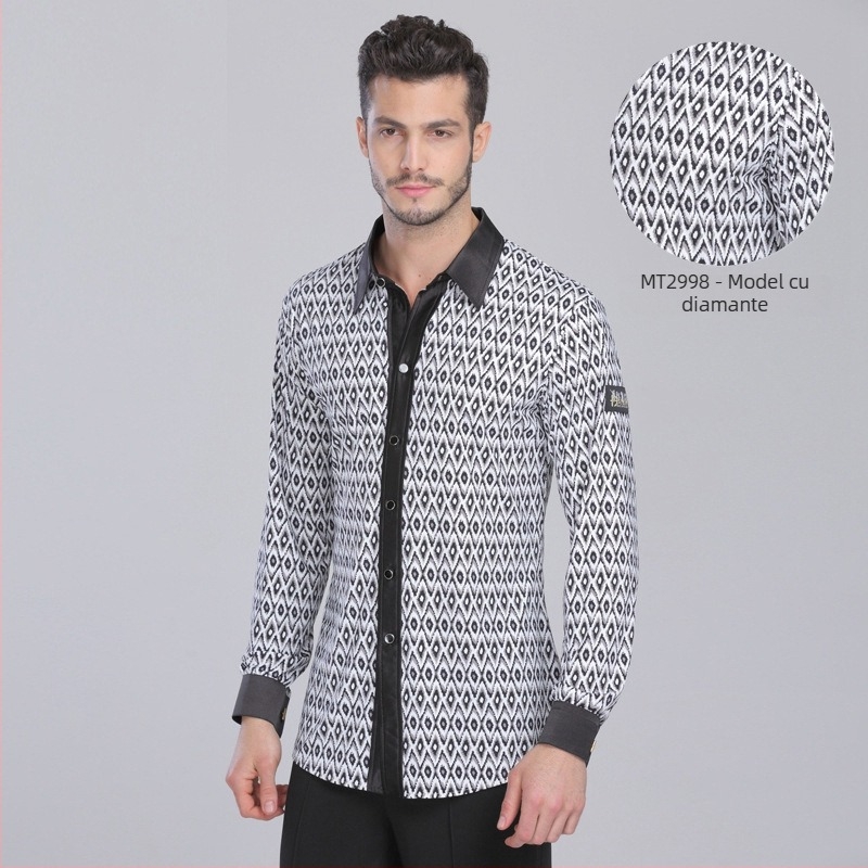 Cămașă de dans pentru bărbați, manșon lung, Latin modern, imprimeu, material spandex, 95% nylon