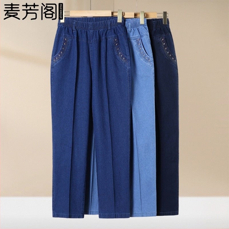 Jean Capri pentru femei de vârstă mijlocie, talie înaltă cu elastic, croială lejeră dreaptă, lungime Capri, peste 95% bumbac, micro-elastic