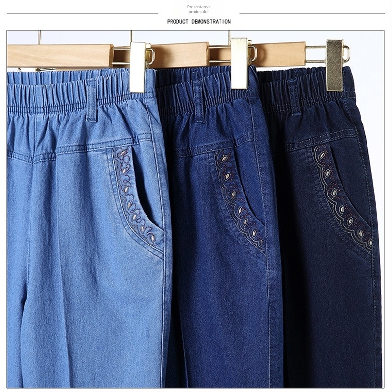 Jean Capri pentru femei de vârstă mijlocie, talie înaltă cu elastic, croială lejeră dreaptă, lungime Capri, peste 95% bumbac, micro-elastic