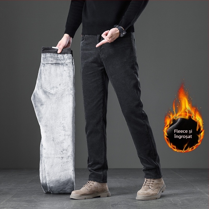 Pantaloni bărbați corduroy cu căptușeală din fleece, croială dreaptă, talie medie, model cu dungi, bumbac, model MZL6009, toamna 2025