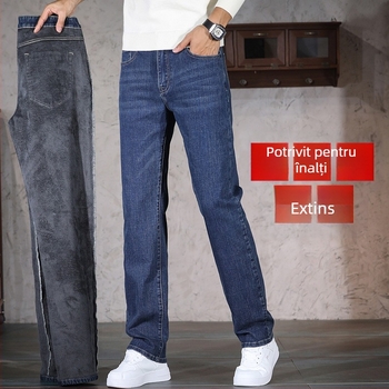 Blugi denim pentru bărbați – căptuți cu fleece, talie medie, croială dreaptă, micro-elasticitate, toamnă 2025