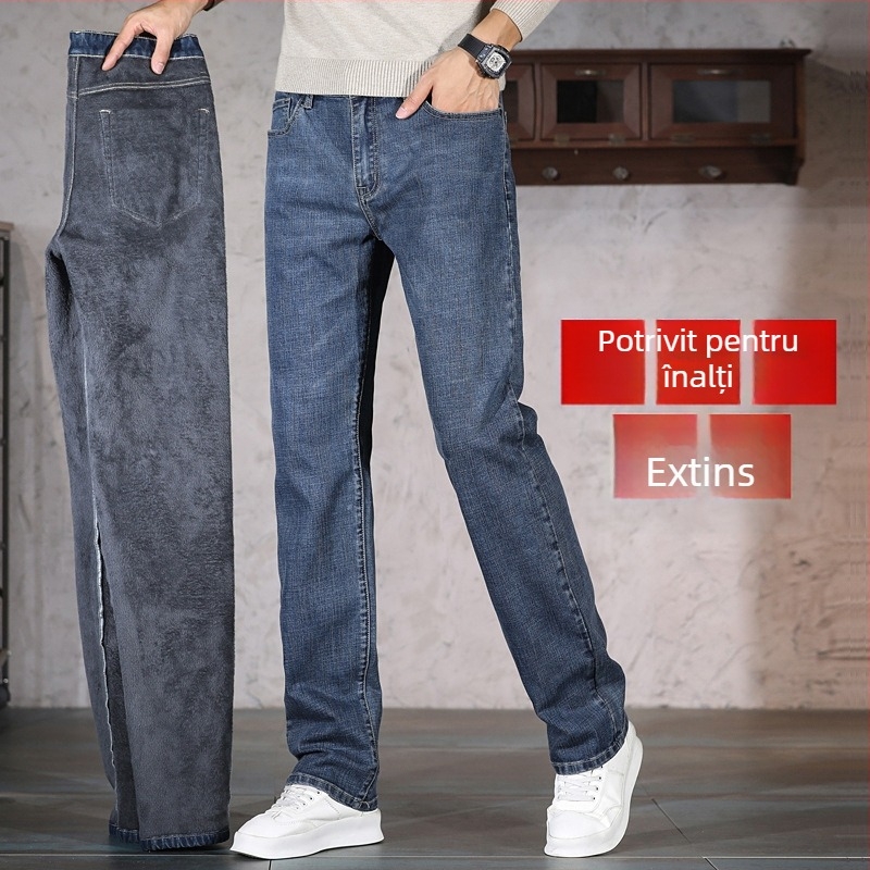 Blugi denim pentru bărbați – căptuți cu fleece, talie medie, croială dreaptă, micro-elasticitate, toamnă 2025