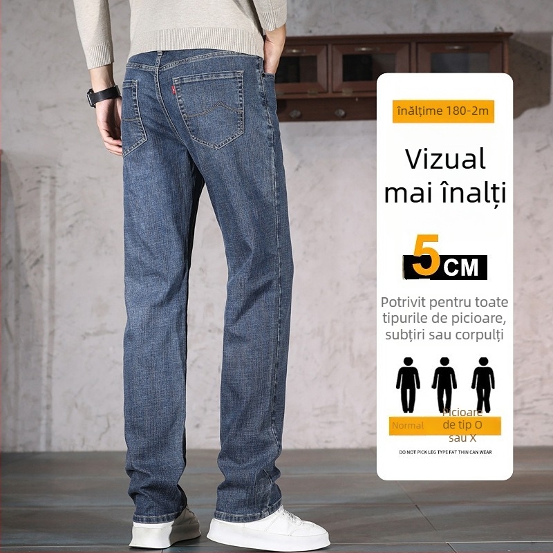 Blugi denim pentru bărbați – căptuți cu fleece, talie medie, croială dreaptă, micro-elasticitate, toamnă 2025
