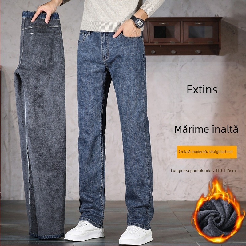 Blugi denim pentru bărbați – căptuți cu fleece, talie medie, croială dreaptă, micro-elasticitate, toamnă 2025