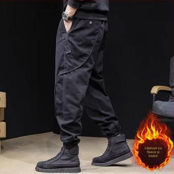 Pantaloni cargo căptuți cu fleece pentru bărbați, stil jogger, croială lejeră, talie medie, din amestec de bumbac, primăvara 2025