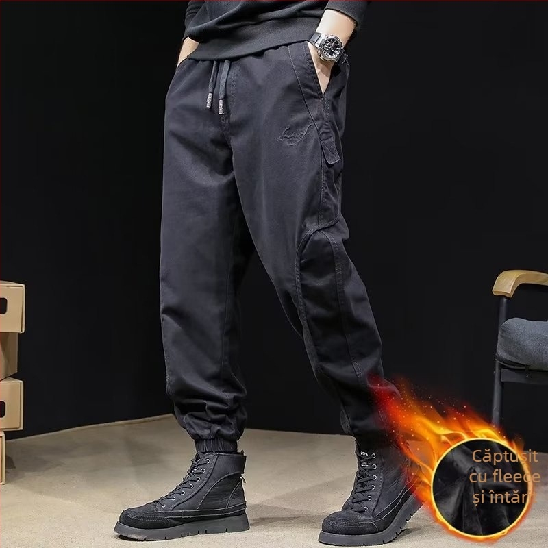 Pantaloni cargo căptuți cu fleece pentru bărbați, stil jogger, croială lejeră, talie medie, din amestec de bumbac, primăvara 2025