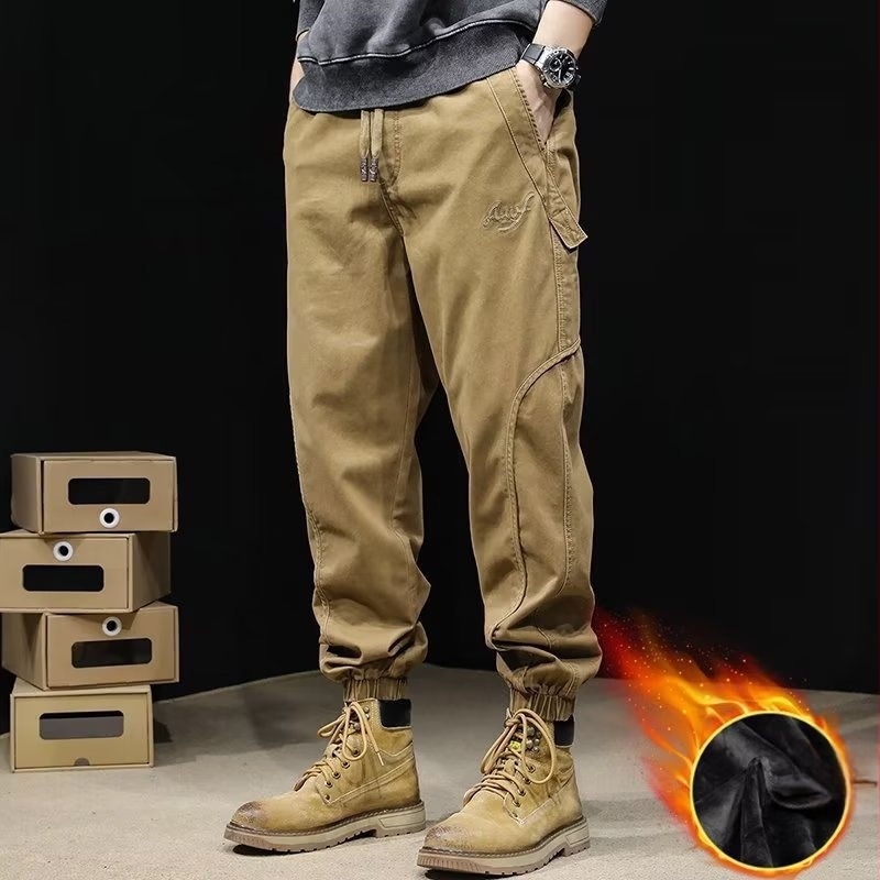 Pantaloni cargo căptuți cu fleece pentru bărbați, stil jogger, croială lejeră, talie medie, din amestec de bumbac, primăvara 2025