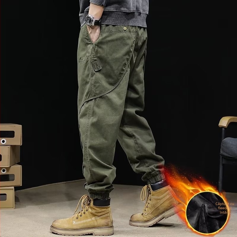 Pantaloni cargo căptuți cu fleece pentru bărbați, stil jogger, croială lejeră, talie medie, din amestec de bumbac, primăvara 2025