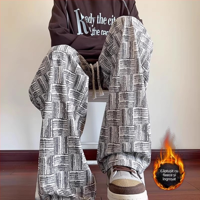 Pantaloni drepti cu model în grilă, talie medie, stil japonez proaspăt, țesătură din amestec de fibre chimice, vară 2025