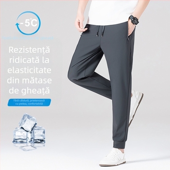 Pantaloni bărbați Ice Silk - croială dreaptă, talie înaltă, pentru adolescenți, pantaloni lungi în stil urban