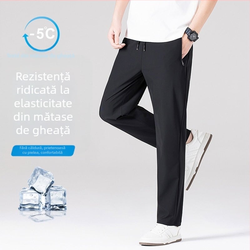 Pantaloni bărbați Ice Silk - croială dreaptă, talie înaltă, pentru adolescenți, pantaloni lungi în stil urban