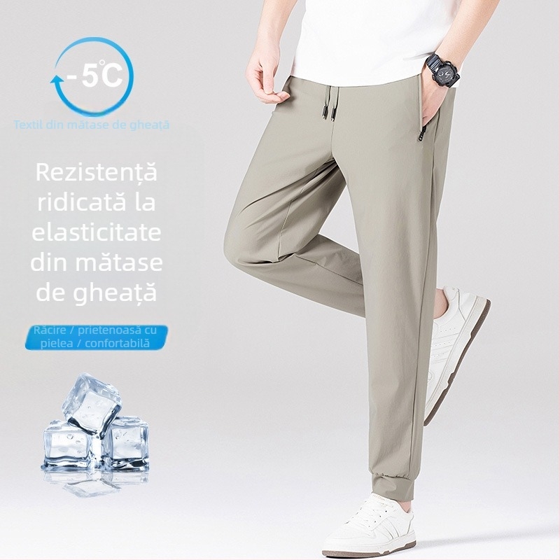 Pantaloni bărbați Ice Silk - croială dreaptă, talie înaltă, pentru adolescenți, pantaloni lungi în stil urban