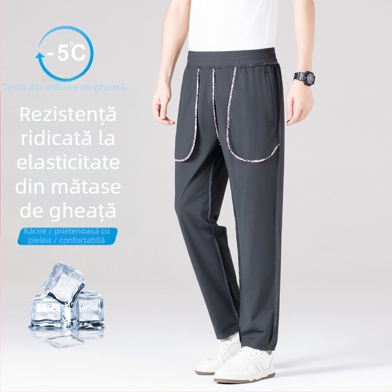 Pantaloni bărbați Ice Silk - croială dreaptă, talie înaltă, pentru adolescenți, pantaloni lungi în stil urban