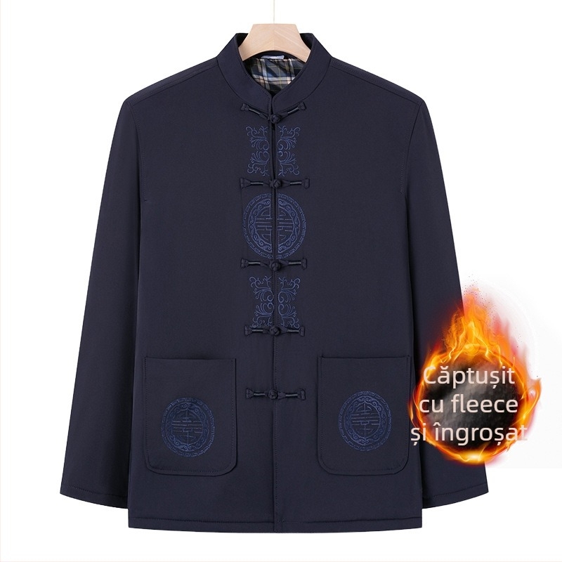 Haină de exterior pentru vârstnici: mâneci lungi, guler stand, pentru iarnă, material gros, buzunare patch tridimensionale