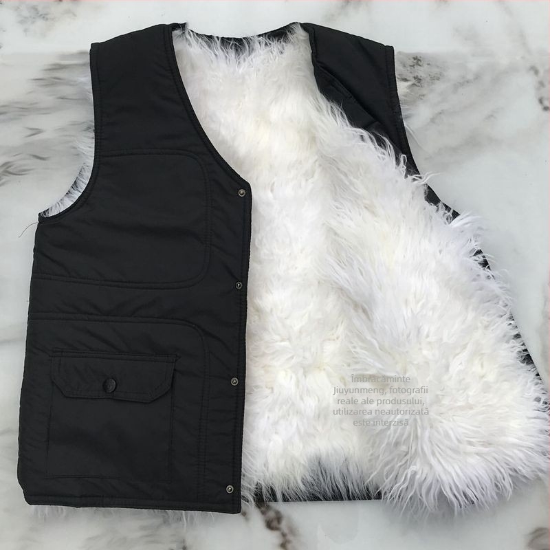 Vesta din lână cu umplutură din bumbac - decolteu în V, model Dungi, căptușeală fleece