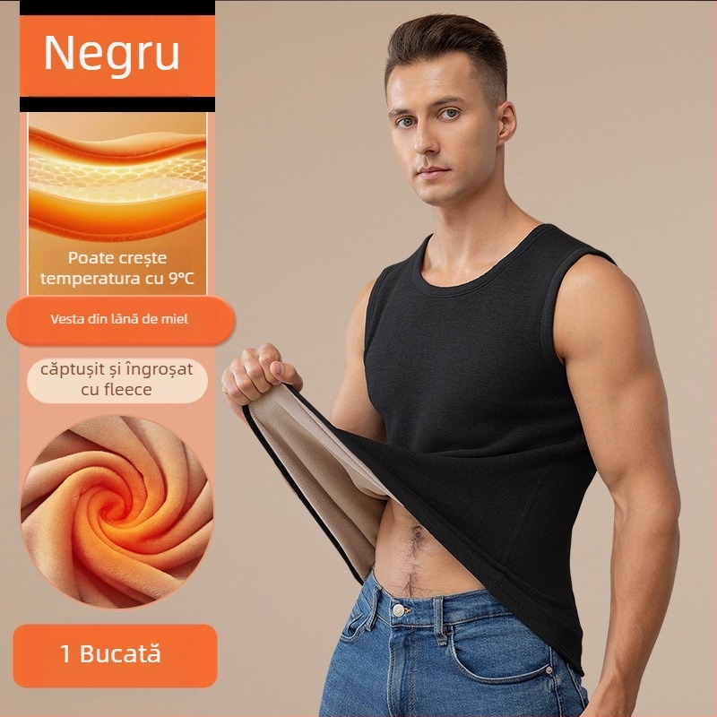 Vesta termică pentru bărbați cu căptușeală de fleece, dublu strat, guler rotund, stil pulover, poliester