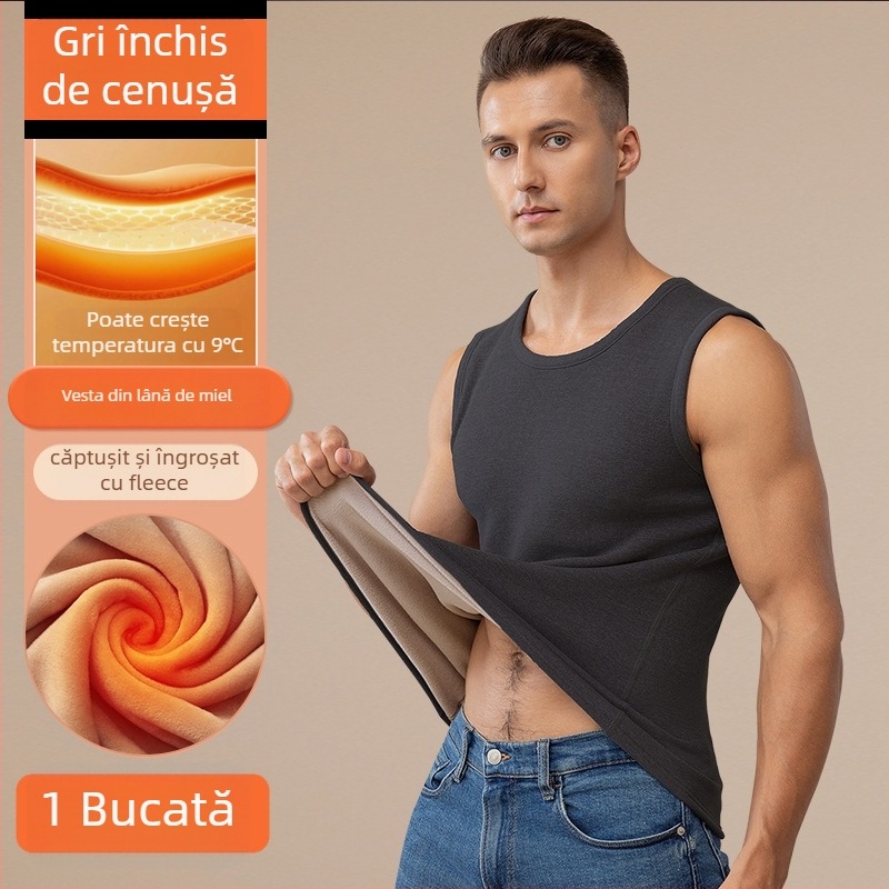Vesta termică pentru bărbați cu căptușeală de fleece, dublu strat, guler rotund, stil pulover, poliester