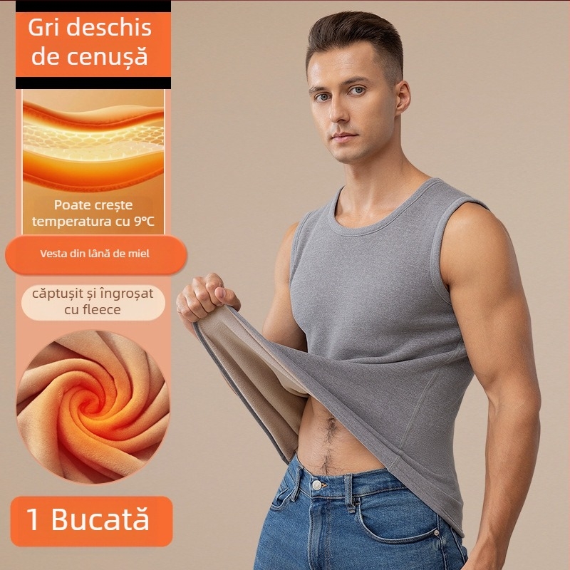 Vesta termică pentru bărbați cu căptușeală de fleece, dublu strat, guler rotund, stil pulover, poliester
