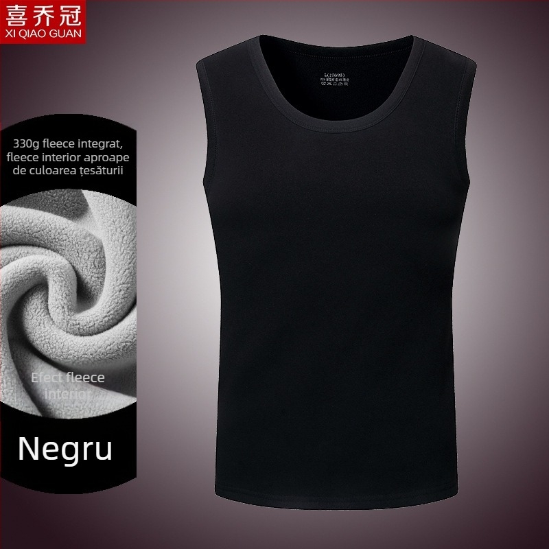 Vesta termică pentru bărbați cu căptușeală de fleece, dublu strat, guler rotund, stil pulover, poliester