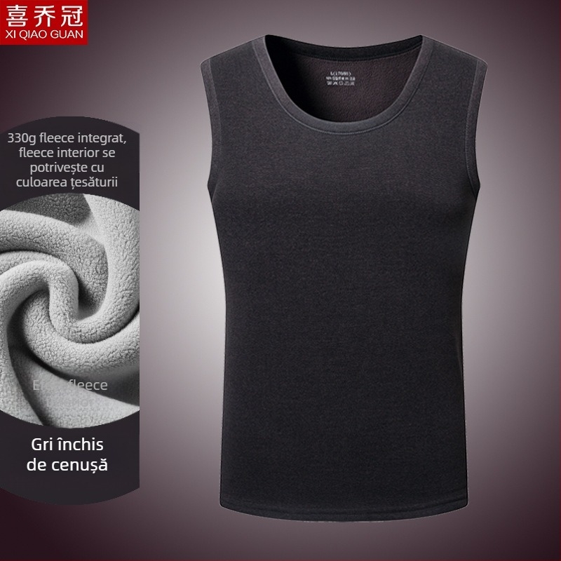 Vesta termică pentru bărbați cu căptușeală de fleece, dublu strat, guler rotund, stil pulover, poliester