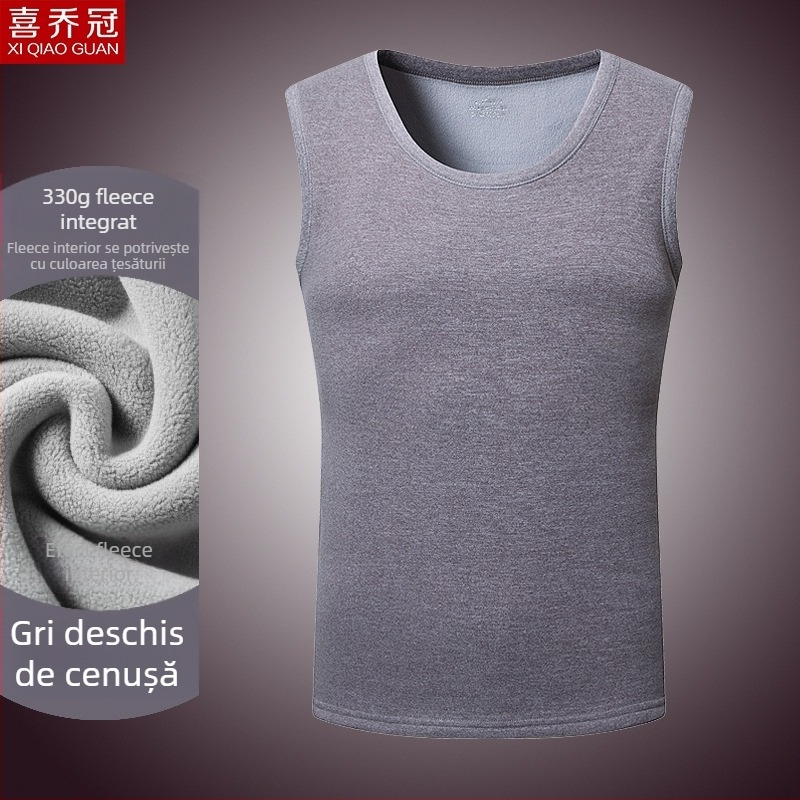 Vesta termică pentru bărbați cu căptușeală de fleece, dublu strat, guler rotund, stil pulover, poliester