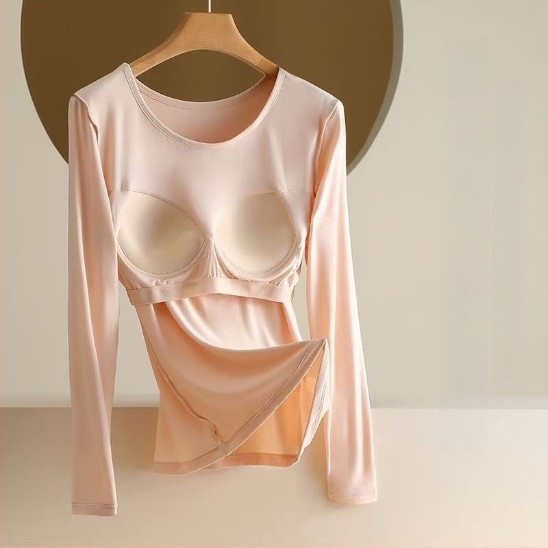 Top de bază cu mâneci lungi, cupe încorporate pentru bust, din viscoză cu țesătură simplă, guler rotund, potrivit pentru toate sezoanele, greutate moderată 181–200 g/m²