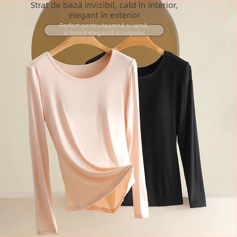 Top de bază cu mâneci lungi, cupe încorporate pentru bust, din viscoză cu țesătură simplă, guler rotund, potrivit pentru toate sezoanele, greutate moderată 181–200 g/m²