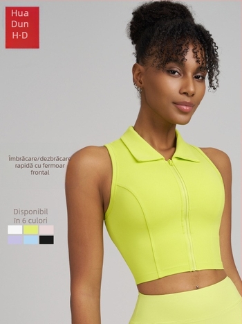Wharton Top de yoga cu fermoar frontal și pernuțe pentru bust integrate, racerback, sutien sport cu înaltă elasticitate pentru femei, model de toamnă