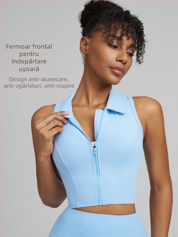 Wharton Top de yoga cu fermoar frontal și pernuțe pentru bust integrate, racerback, sutien sport cu înaltă elasticitate pentru femei, model de toamnă