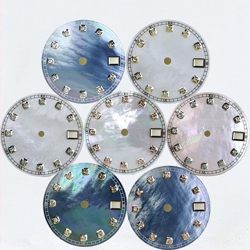 Cadran Seiko pentru ceas, perlă de mamă (Mother-of-Pearl) cu indicii din diamante, compatibil cu mecanism NH35/36