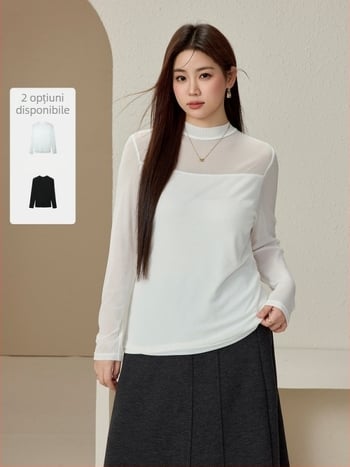 Pulover tricotat cu textură plasă, guler semi-turtleneck, mâneci lungi, grosime medie, pentru femei, iarna 2024